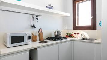 Fridge, microwave, stovetop, cookware/dishes/utensils