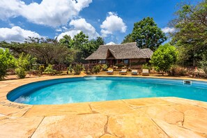 Outdoor pool, pool umbrellas, pool loungers