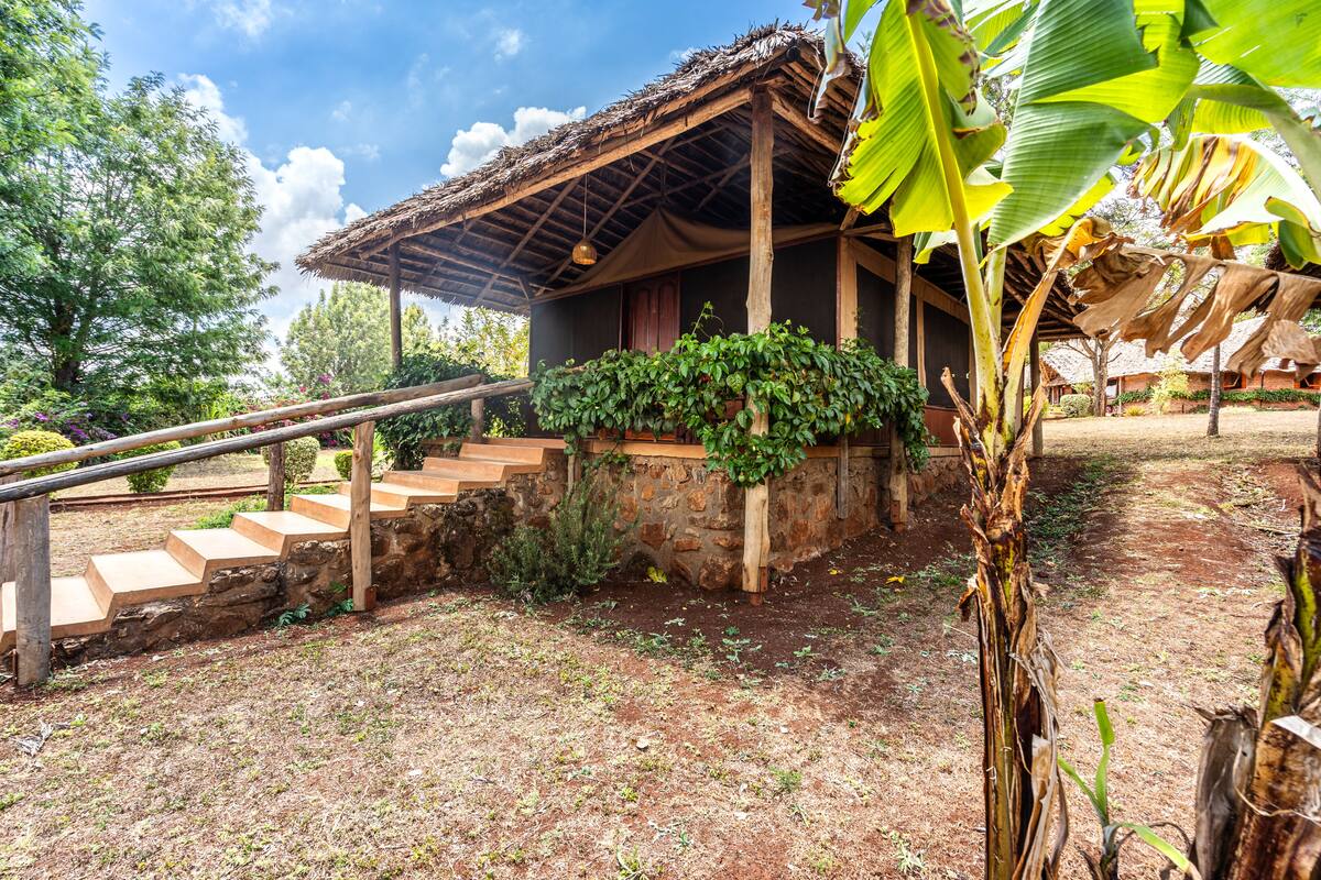 A rustic building with a thatched roof, a stone wall, and a wooden staircase leading to a porch.