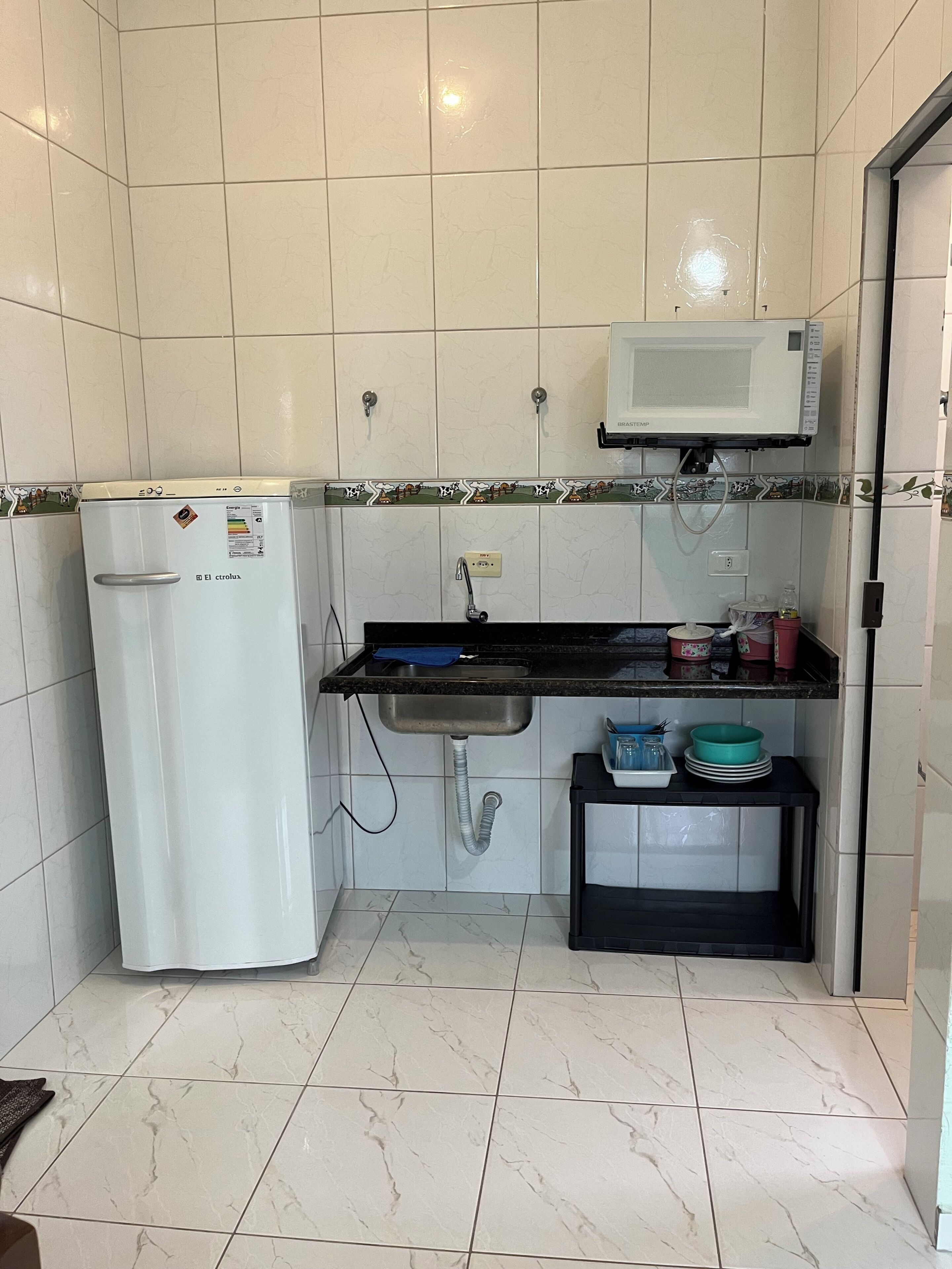 Una cocina compacta con refrigerador, microondas, pileta y una pequeña mesada con vajilla y un cubo de basura.