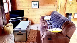 A wooden cabin interior with a brown leather sofa, a television on a stand, a framed picture on the wall, and a trash can. - Braemar Lodge Cabins (Ballater)