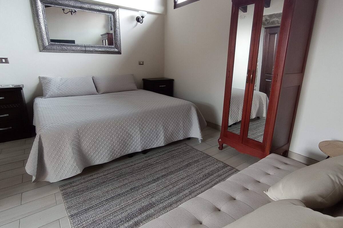A bedroom with a bed, a nightstand, a dresser, a mirror, a wooden door, and a sofa.