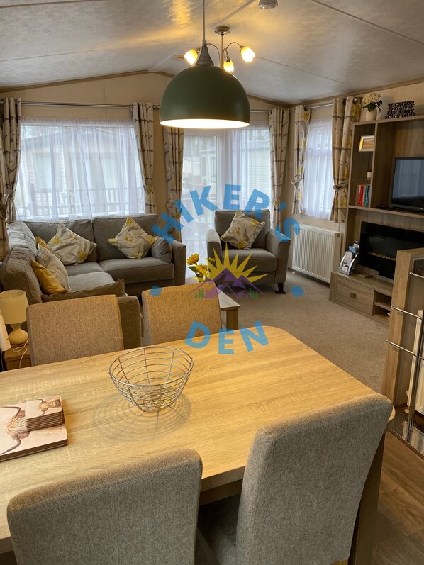 Smart TV, fireplace, DVD player, books