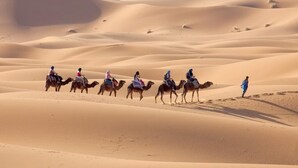A group of people riding camels across a desert landscape with sand dunes. - Hostel take your time 4235 (Zagora)