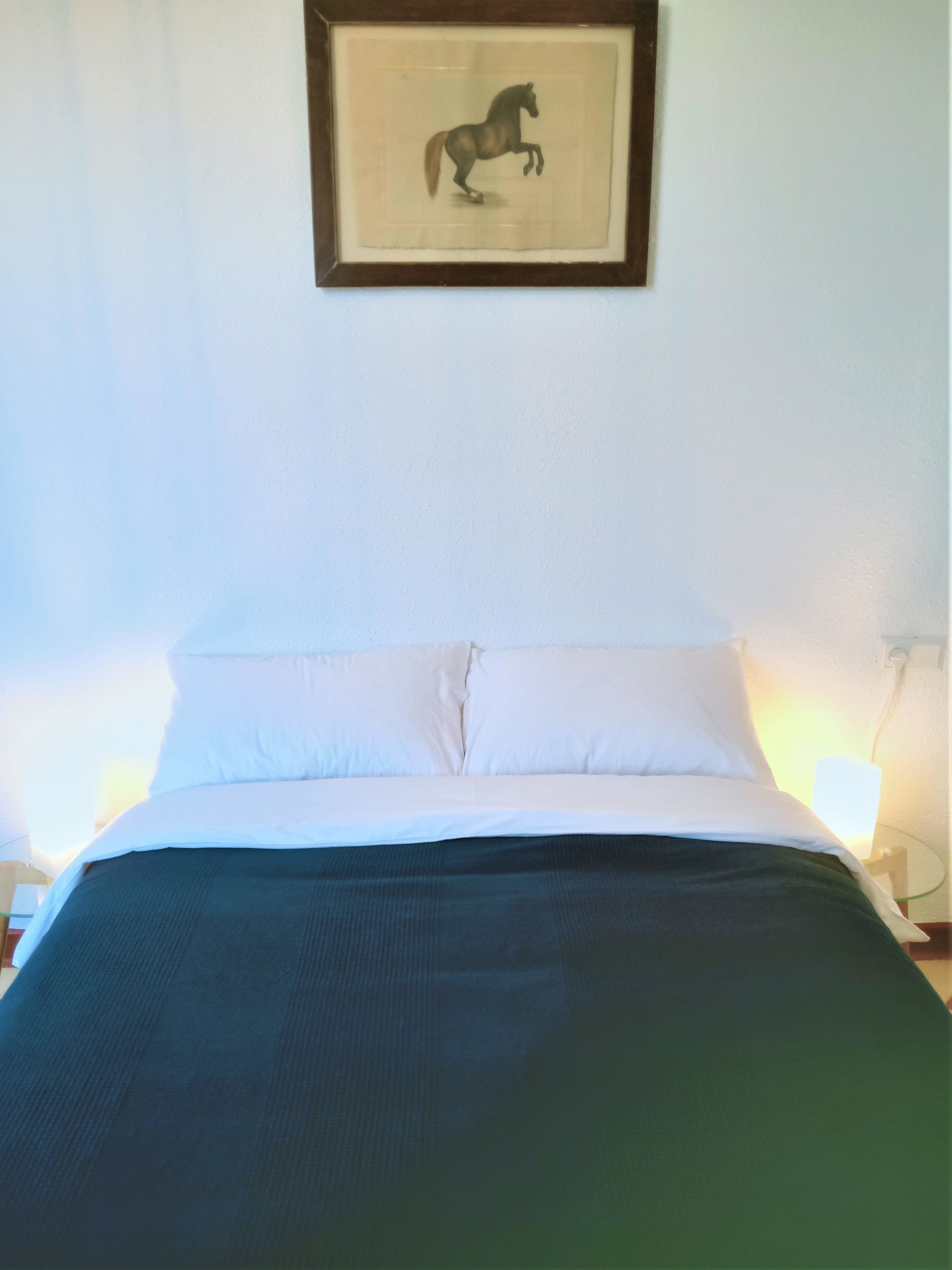 A neatly made bed with white linens and a dark green blanket, a framed picture of a horse on the wall, and a bedside table with a lamp.