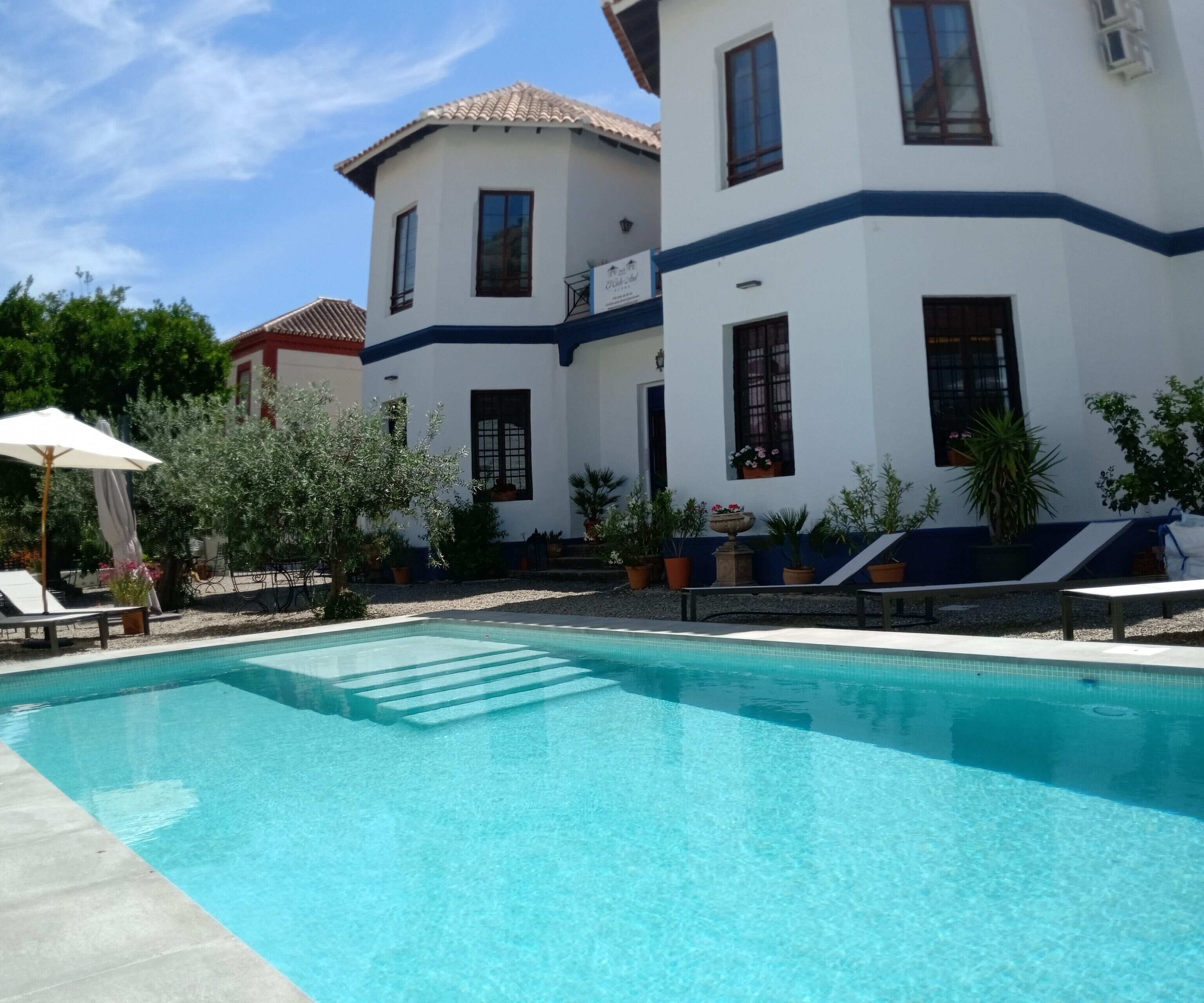 A swimming pool with lounge chairs and umbrellas, surrounded by potted plants and a building with a blue trim and multiple windows.