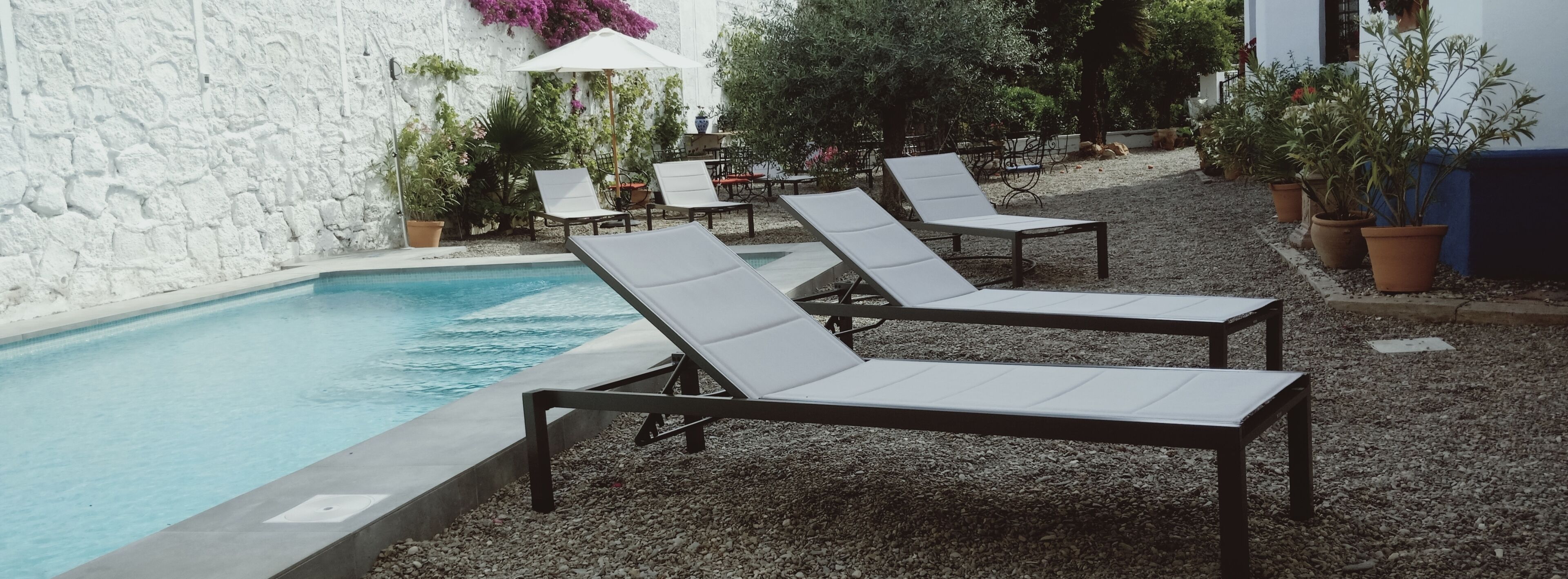 A pool area with lounge chairs and potted plants.