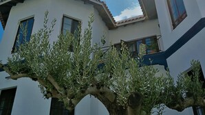 Un edificio con fachada blanca, múltiples ventanas y tejado de tejas.