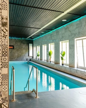 Una piscina interior con pared de azulejos, techo de madera y plantas en macetas.