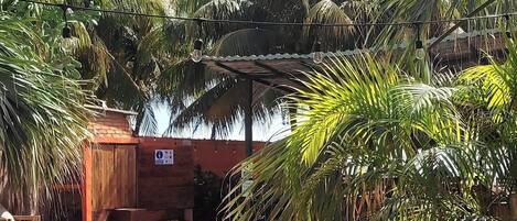 Uma área à beira da piscina com mobiliário de madeira e um guarda-sol.