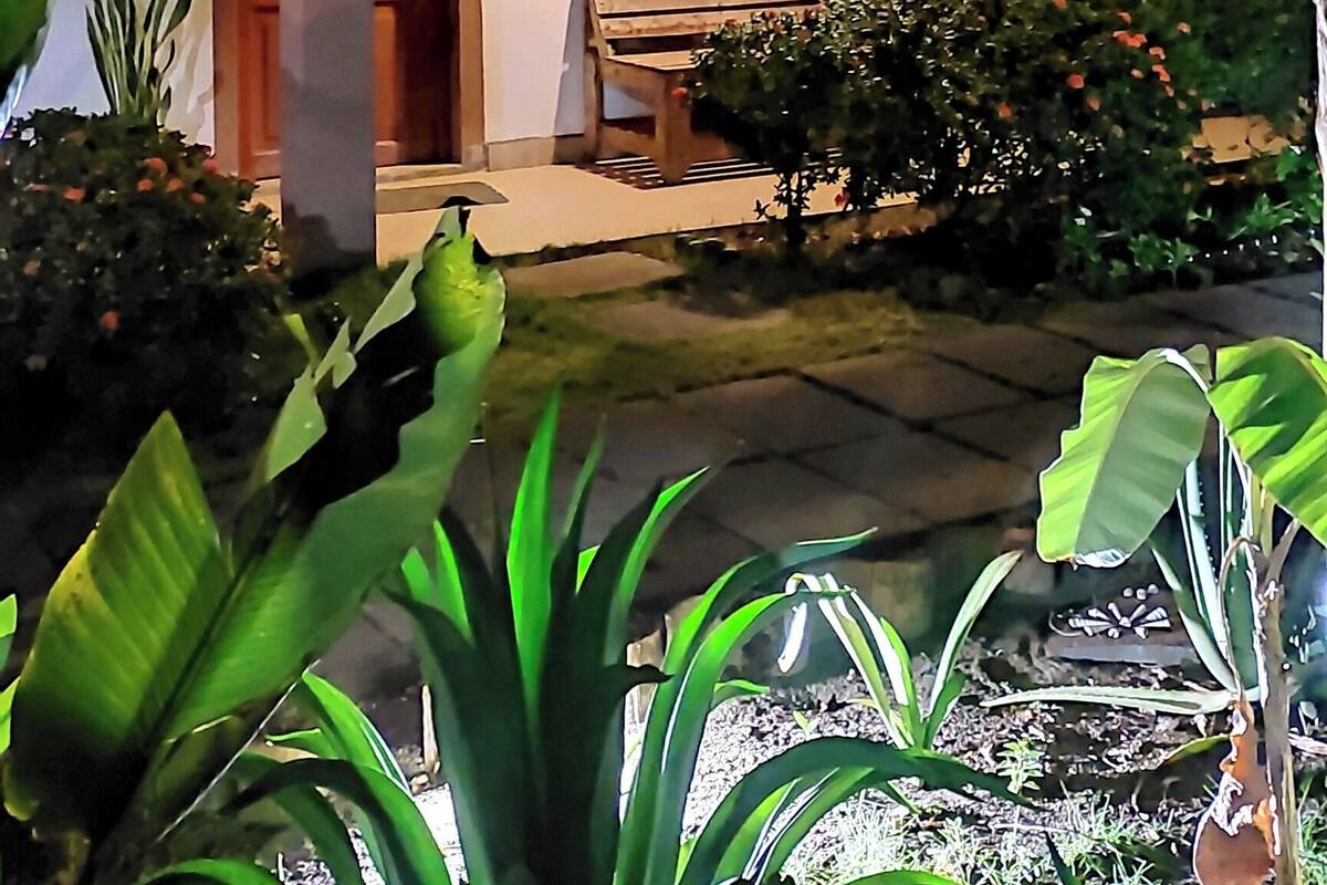 Ein zweistöckiges Gebäude mit Balkon, umgeben von üppiger Vegetation und einem gepflegten Garten.