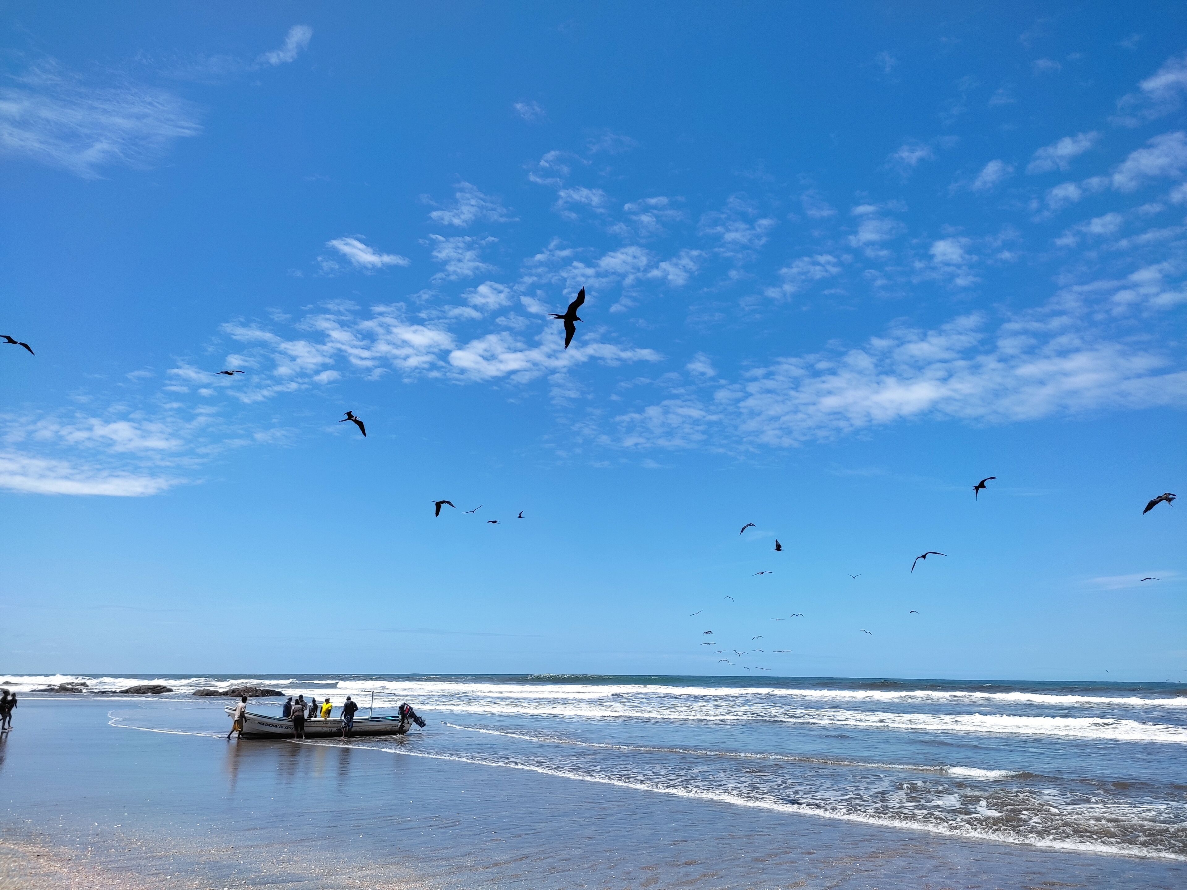 A beach with a boat and people near the shore.
