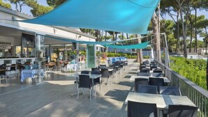 An outdoor dining area with tables and chairs, a covered section with a blue canopy, and a view of the surrounding trees. - Camping Interpals (Pals)