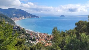 A coastal town with a view of the sea and a distant island.