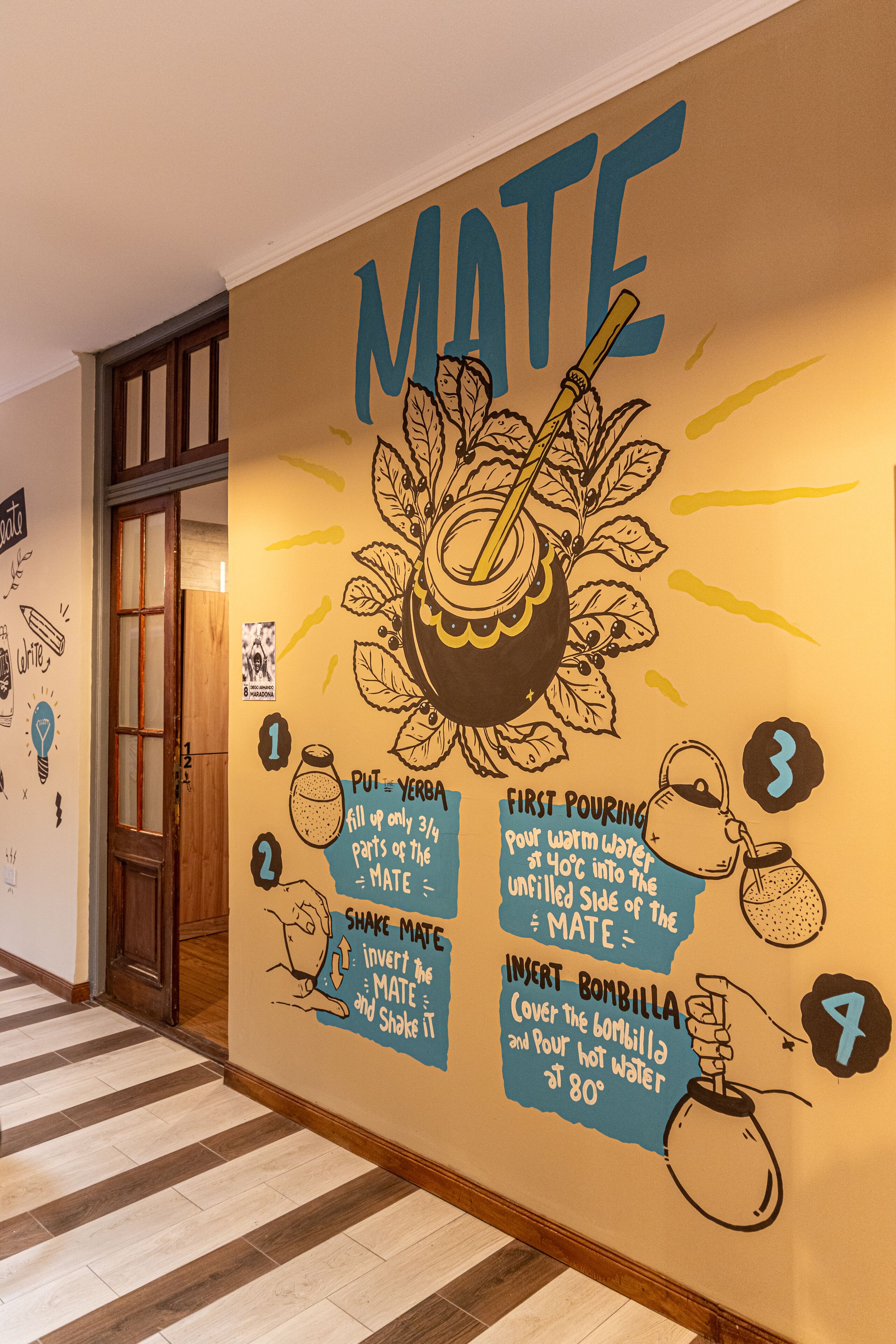 A wall with a step-by-step guide for making a drink, including a bombilla and yerba mate.