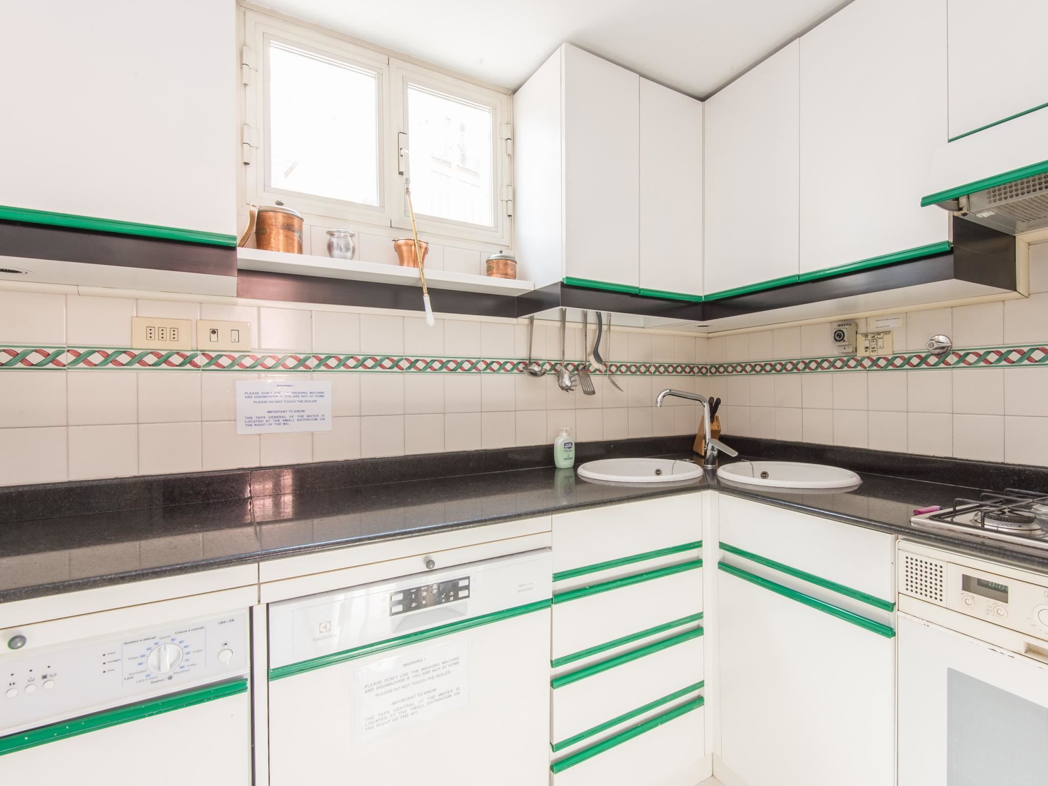 A kitchen with white cabinets, black countertops, and green accents. There are two sinks, a stove, and a window above the sink.