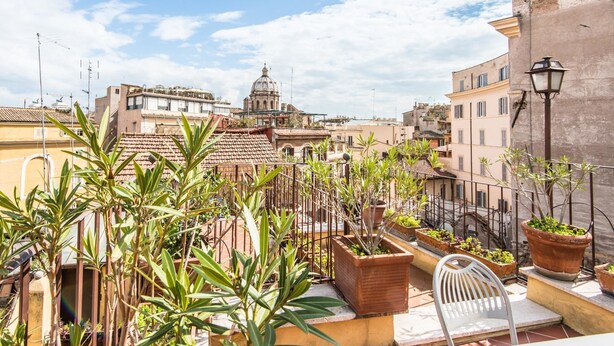 A rooftop terrace with potted plants, a white chair, and a view of a historic building with a dome.