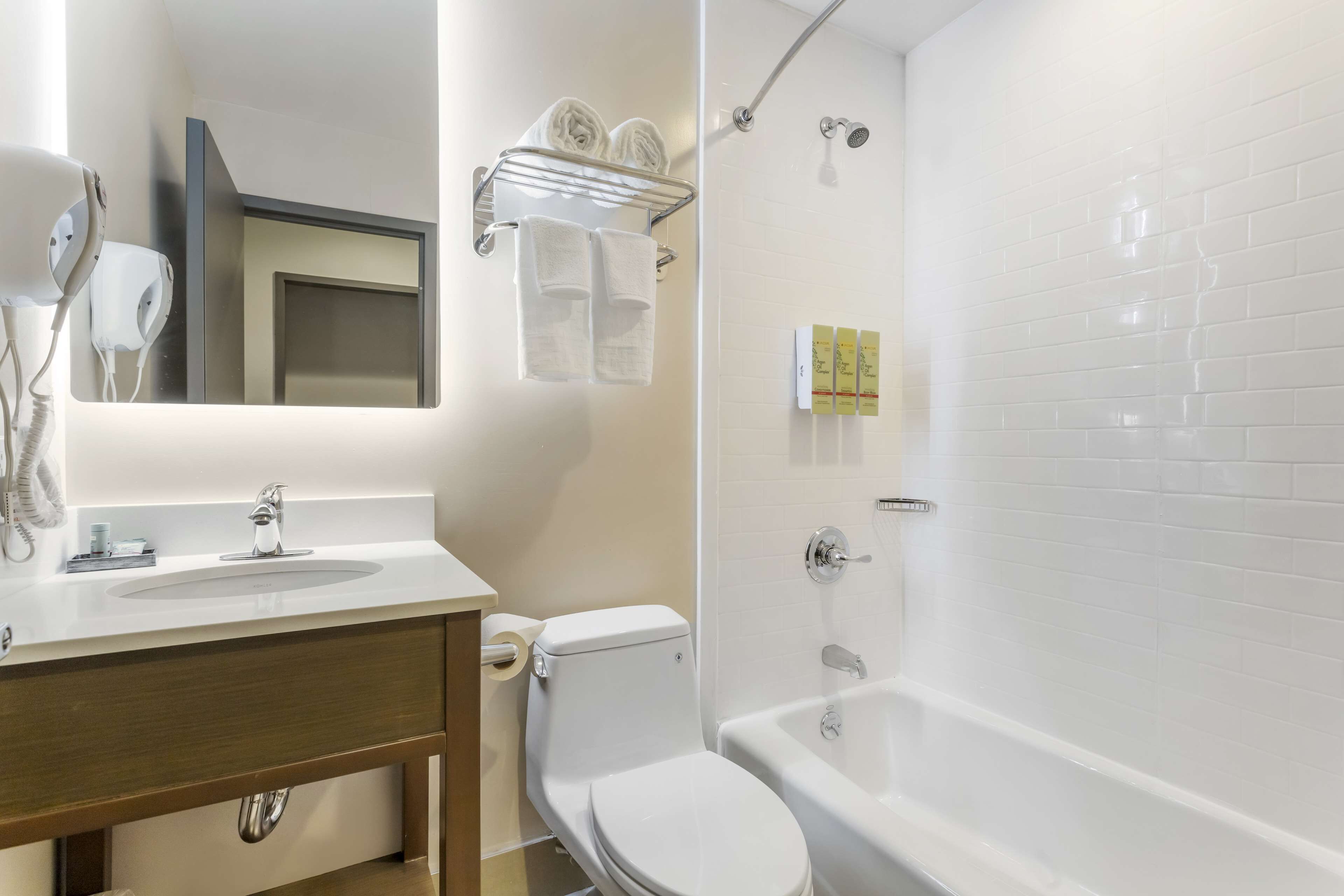 standard room, 1 king bed, non smoking, refrigerator | bathroom | hair dryer, towels