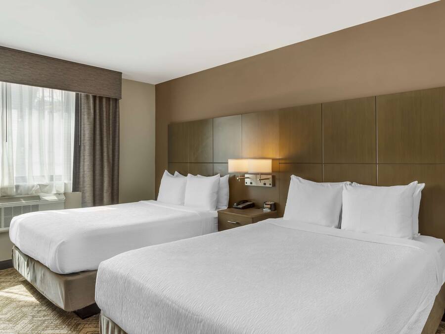 A hotel room with two beds, a nightstand with a lamp, a window with curtains, and a wall-mounted panel.