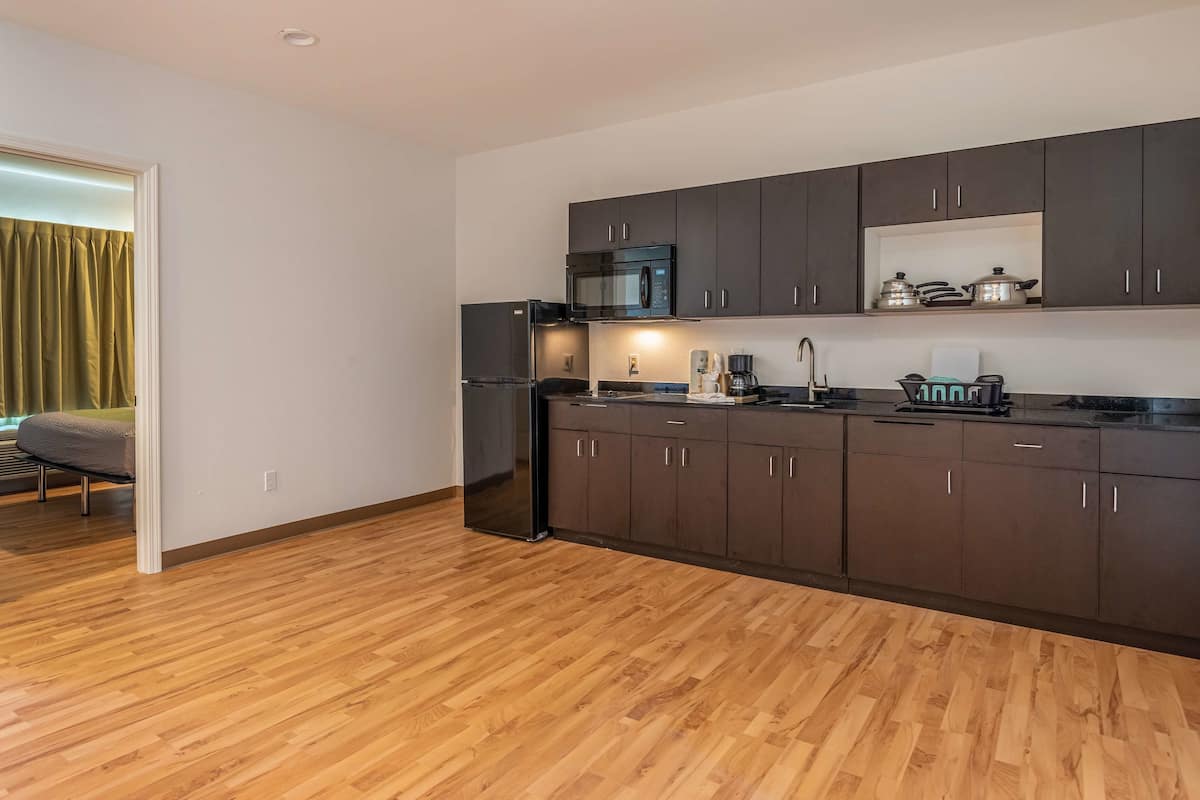 deluxe suite, 1 king bed, non smoking, kitchenette | private kitchenette | full-sized fridge, microwave, stovetop, coffee/tea maker
