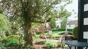 An outdoor patio area with a table and chairs, surrounded by lush greenery and a well-maintained garden. - The Hawthorns (Drymen)