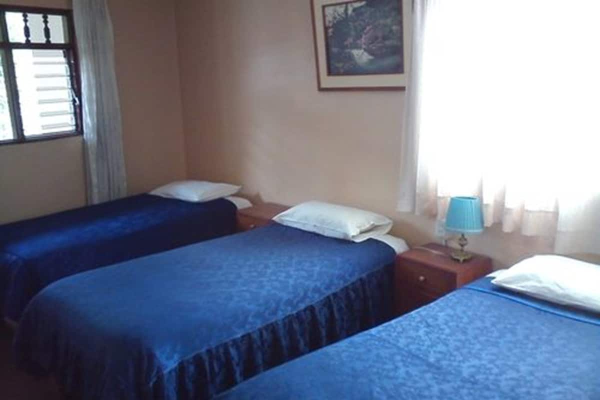 Une chambre avec deux lits, une table de chevet, une lampe et un tableau au mur.