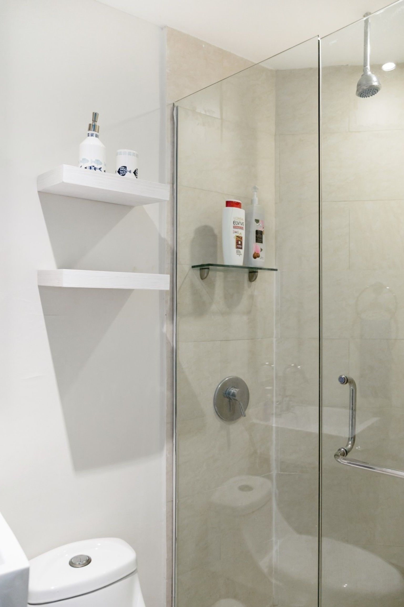 A modern bathroom with a glass shower enclosure, a toilet, and a shelf with toiletries.