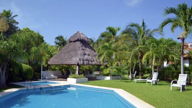 A swimming pool with a thatched-roof structure, surrounded by palm trees and white lounge chairs.