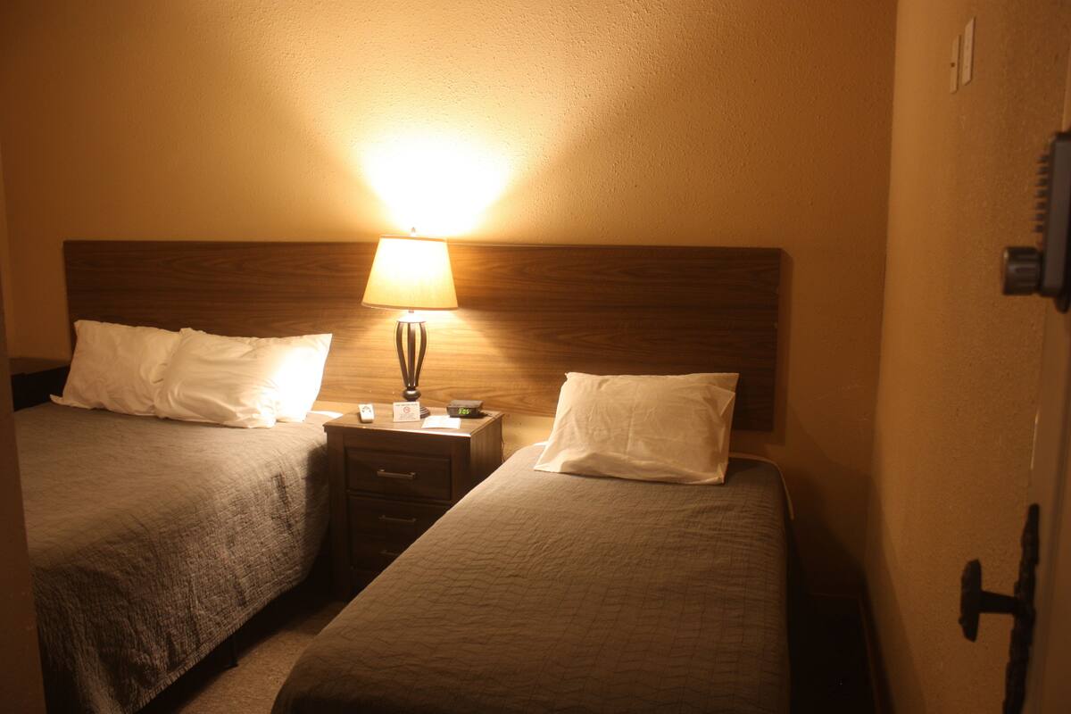 Deux lits simples avec des têtes de lit en bois, une table de chevet avec une lampe et un luminaire fixé au mur.