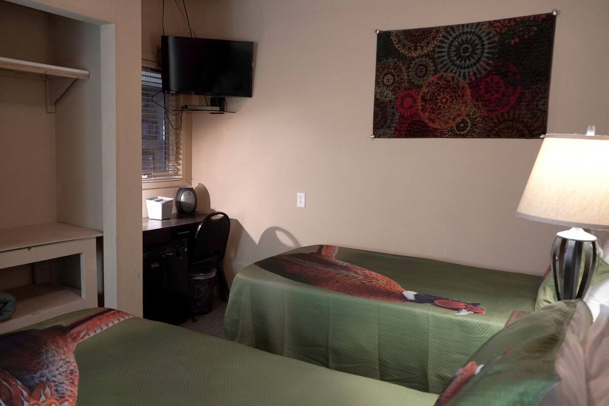 Une petite pièce comprenant un lit, un bureau, une chaise, un téléviseur et une tapisserie.