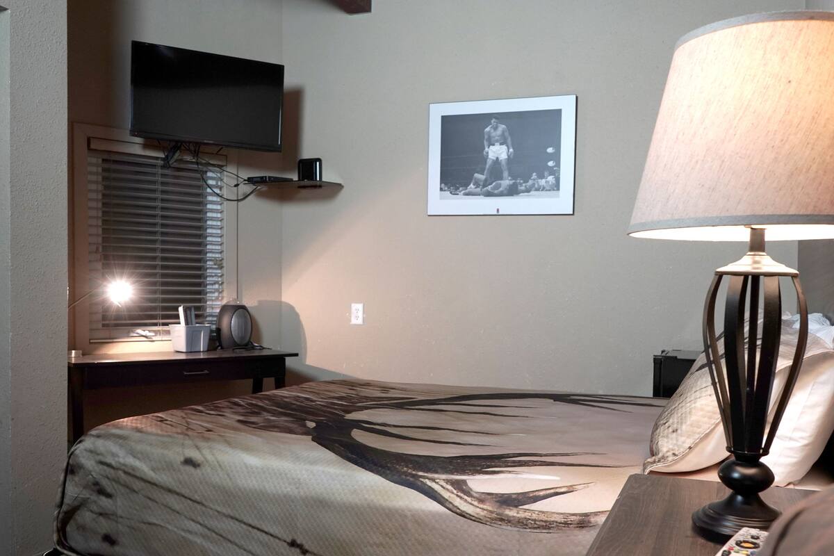 Une chambre d’hôtel avec un lit, une lampe de chevet, un téléviseur fixé au mur, un tableau encadré et une fenêtre avec des stores.