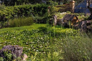 Un jardin avec des nénuphars, une structure en bois et un mur de pierre.
