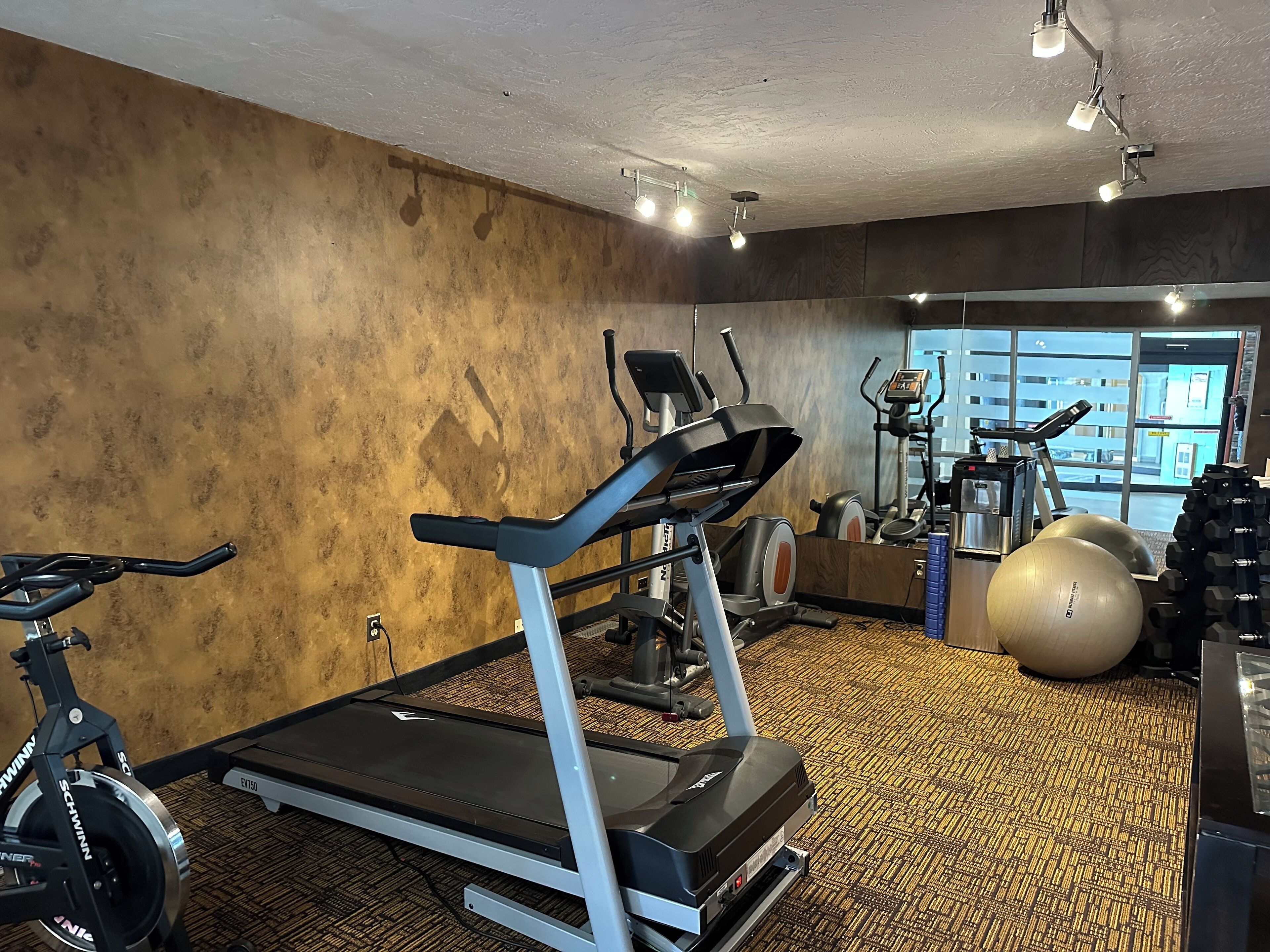 Ein Fitnessstudio mit Laufband, Ergometer, Gymbällen und Krafttrainingsgeräten.
