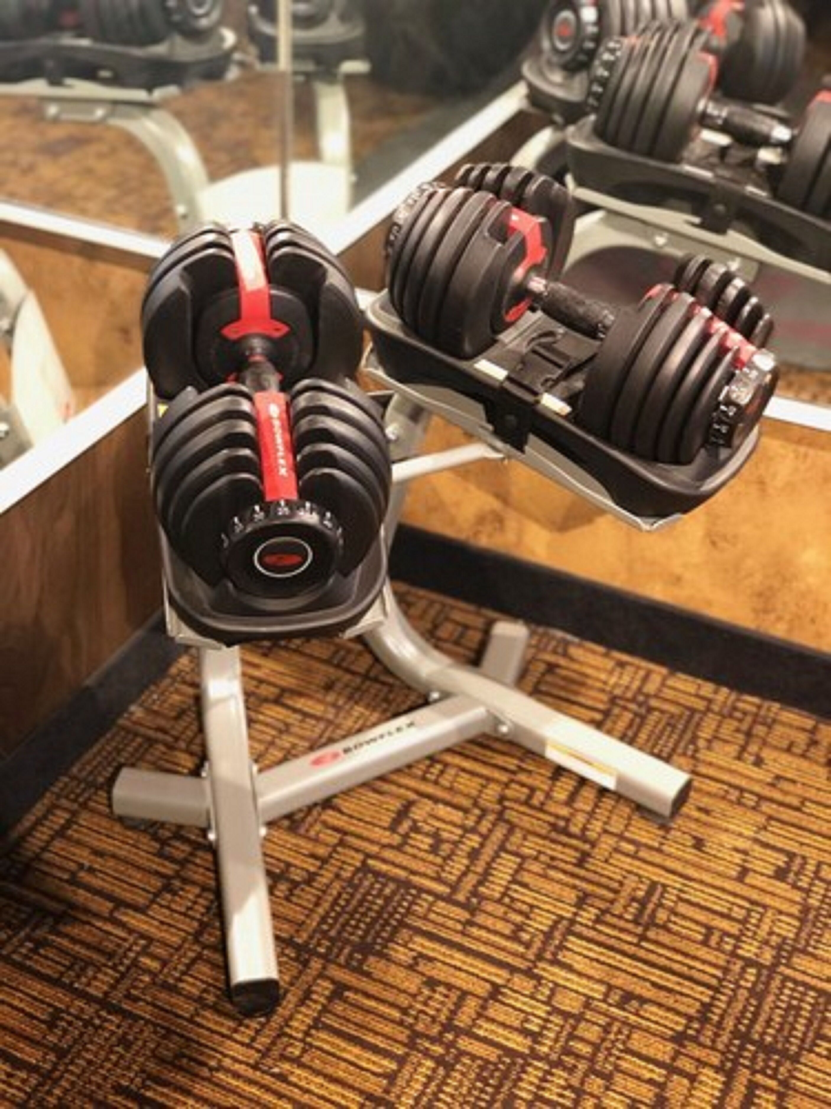 A gym with a mirrored wall and a weight bench with dumbbells.