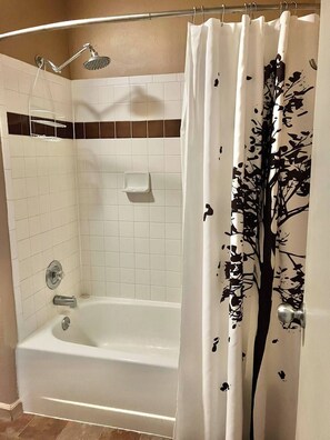 Combined shower/tub, hair dryer, towels, soap