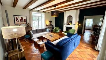 Télévision, cheminée, livres