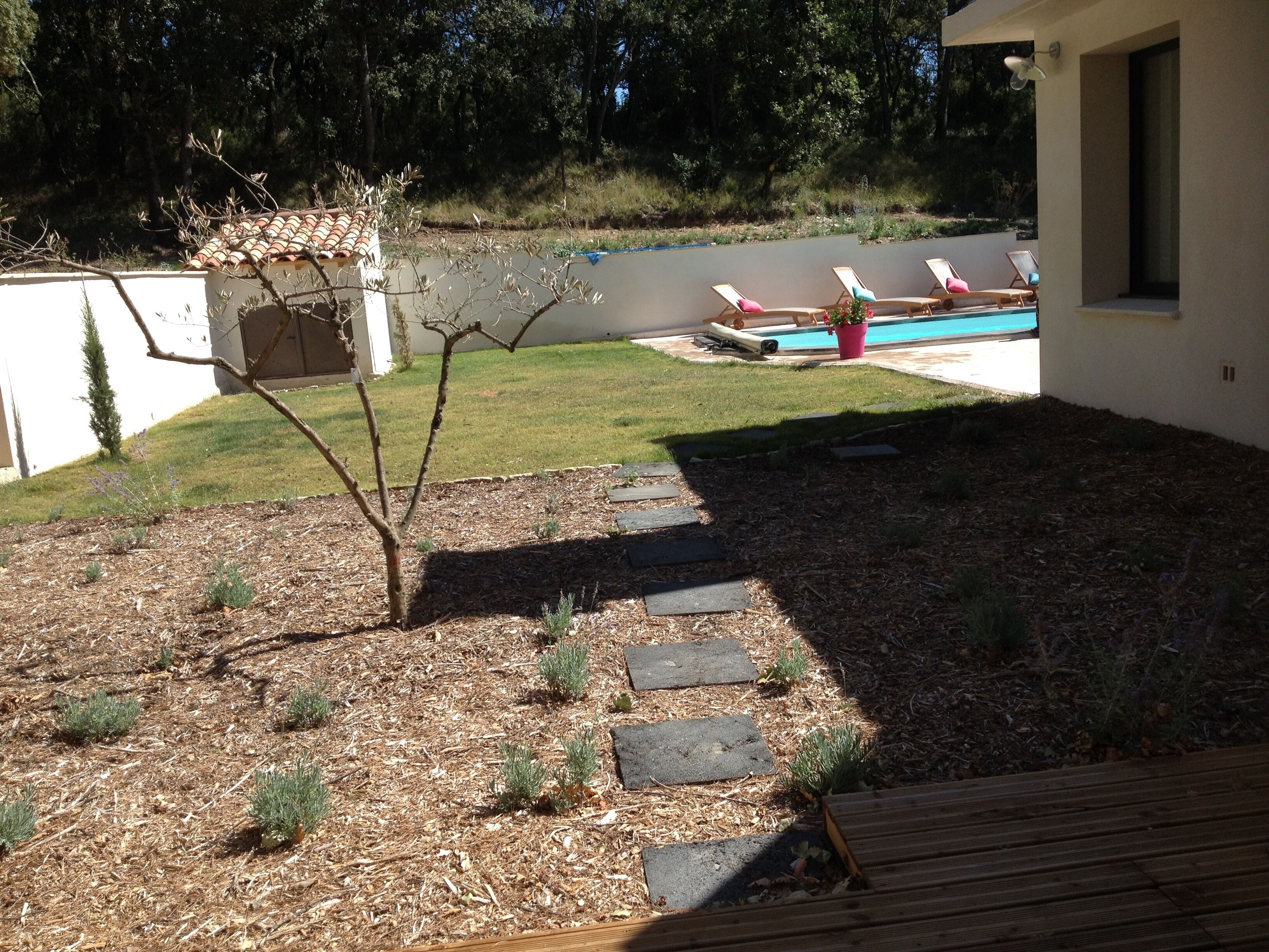Un patio trasero con piscina, sillas de descanso y una terraza de madera.
