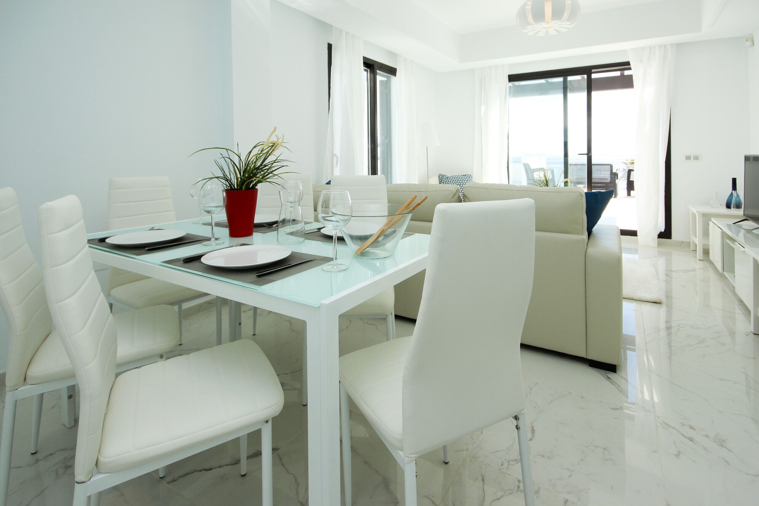 A modern dining area with a glass table, white chairs, and a red pot of plant.