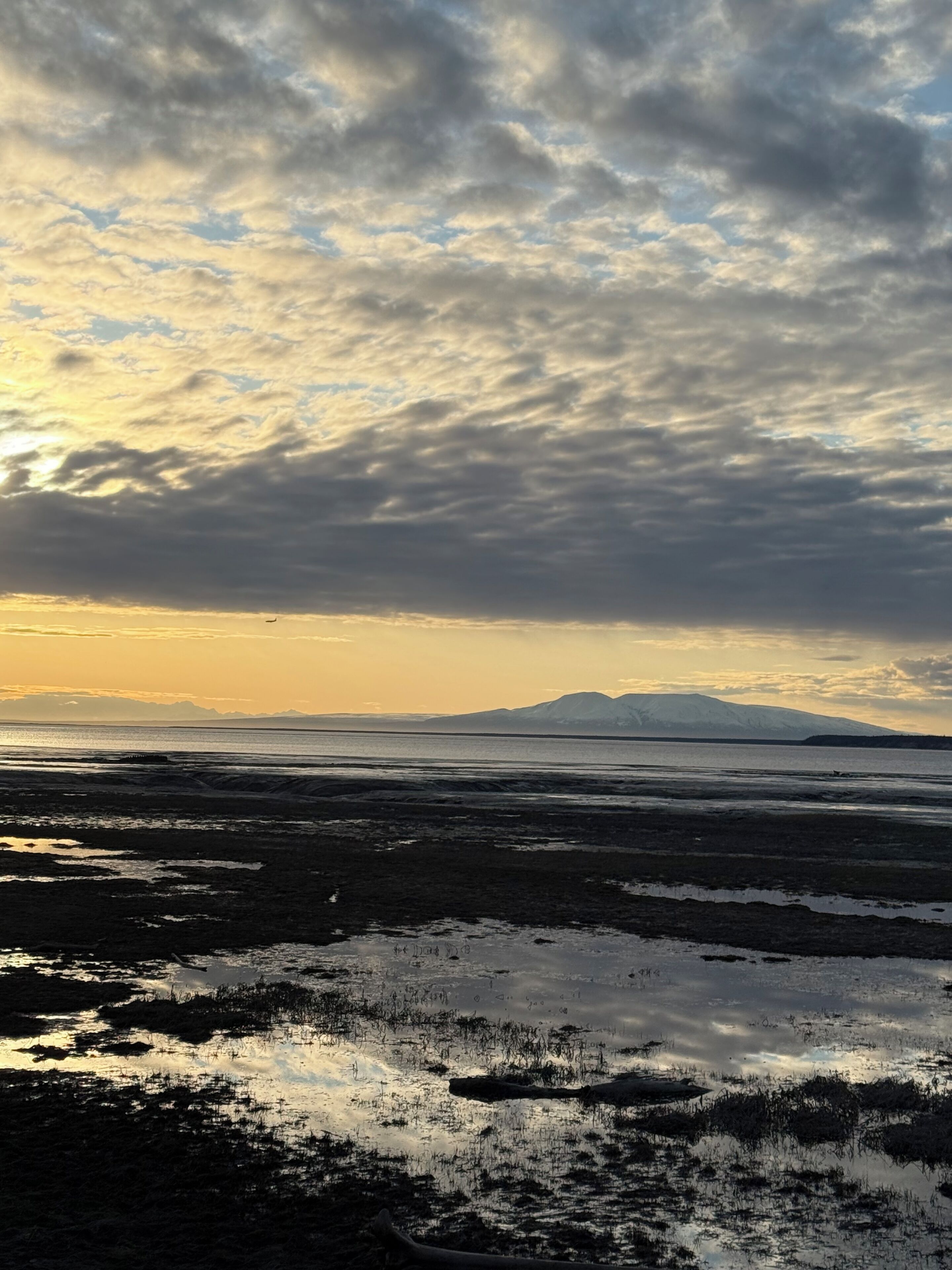 A landscape with a body of water, a distant mountain range, and a cloudy sky.