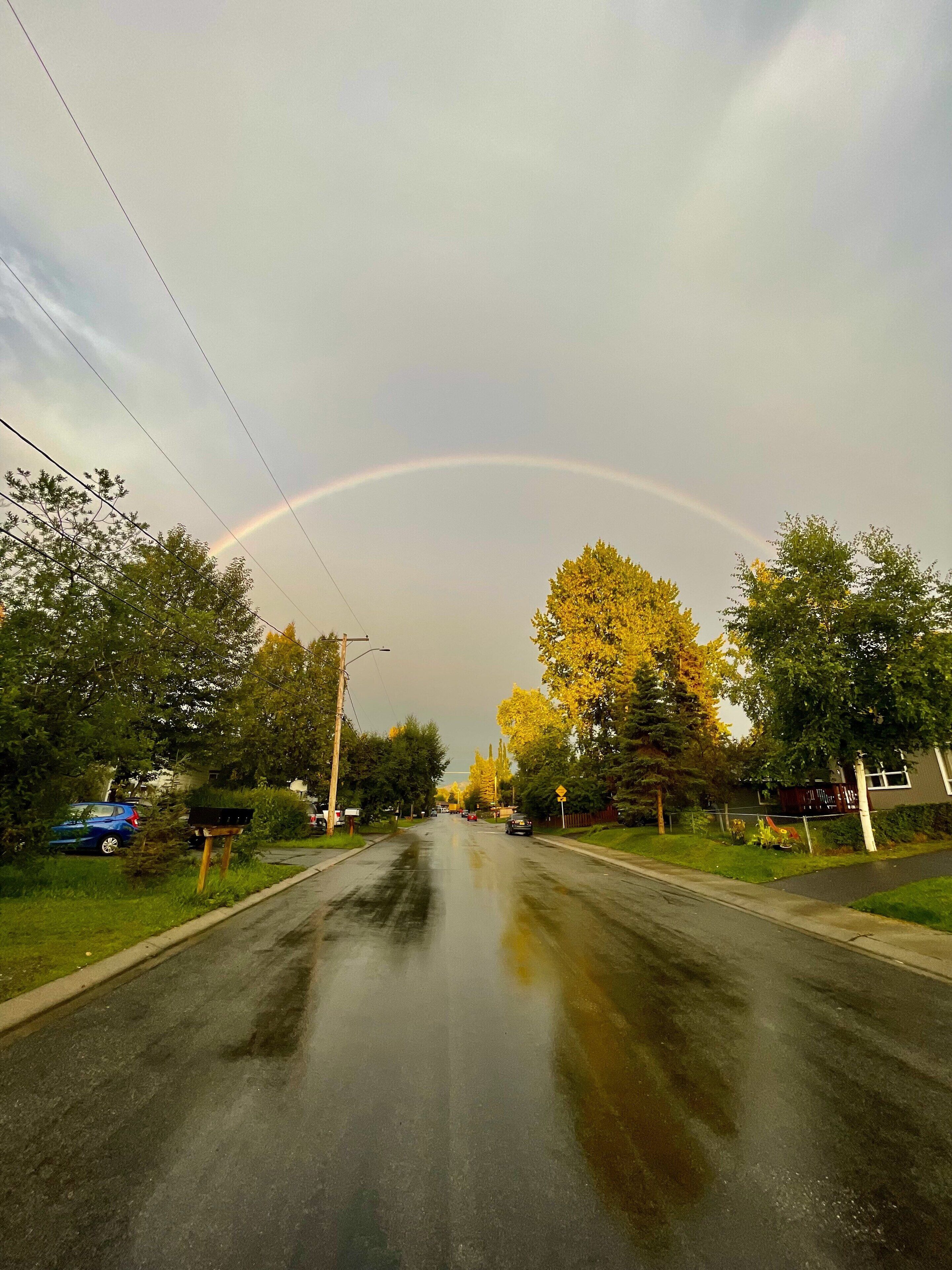 Een woonstraat met huizen aan beide kanten, een brievenbus en een regenboog aan de lucht.