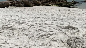 Ein Strand mit weißem Sand und vereinzelten Felsen, unter einem teils bewölkten Himmel.