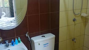 A bathroom with a toilet, sink, and shower.