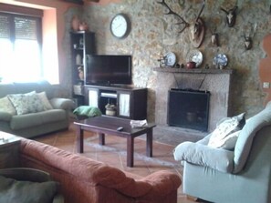 Una televisión, una chimenea