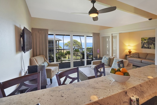 Living area - Kauai Kailani Oceanfront 2 bed condo w A/C! 3rd Floor, elevator, parking space. (Kapaa)