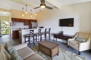 Living area - Kauai Kailani Oceanfront 2 bed condo w A/C! 3rd Floor, elevator, parking space. (Kapaa)