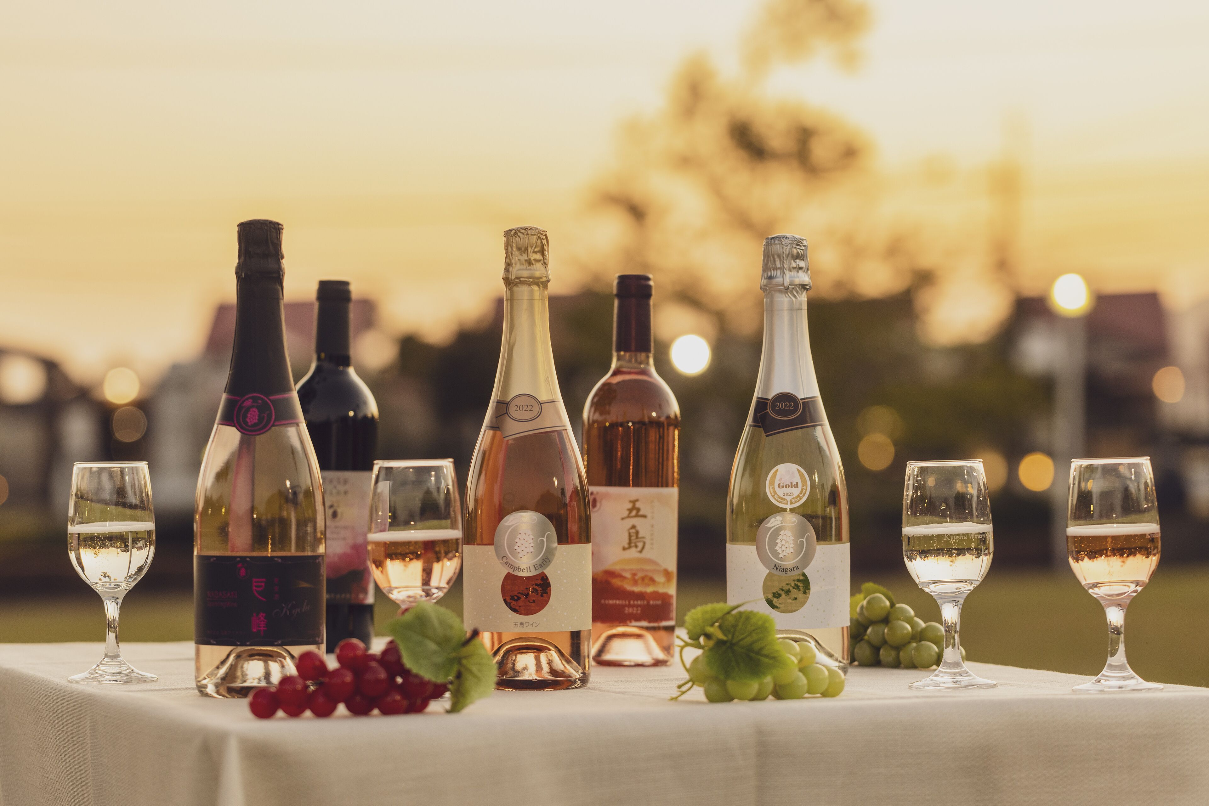 A table with wine bottles and glasses, grapes, and a sunset in the background.