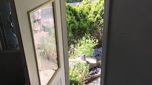 Una puerta entreabierta que da a un jardín con diversas plantas y un coche estacionado al fondo.