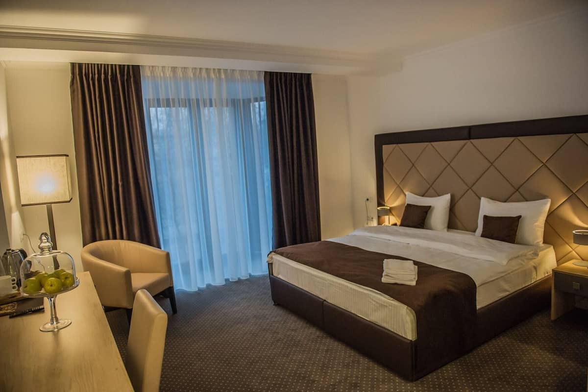 Een hotelkamer met een bed, een bureau met een lamp, een stoel en uitzicht op de natuur door dunne gordijnen.