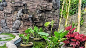 A koi pond with a rocky backdrop, surrounded by potted plants and a stone border. - Ohana Pererenan (Pererenan)