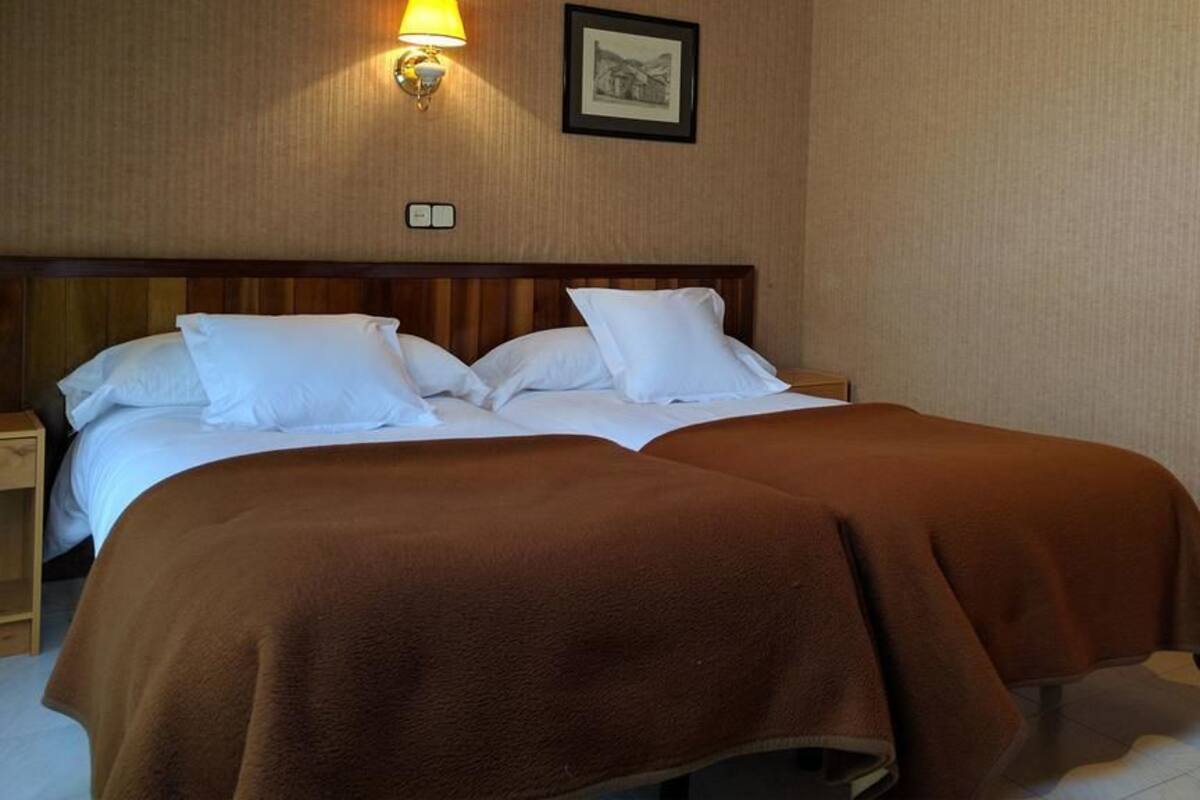 A double bed with two pillows and a brown blanket, a bedside table, and a wall-mounted lamp.
